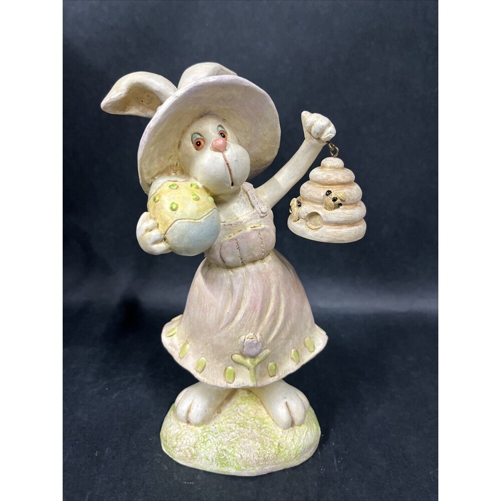 VTG Easter Bunny Rabbit Girl 9”‎ w/Basket, Dress & Hat Holding Egg & Bee Hive